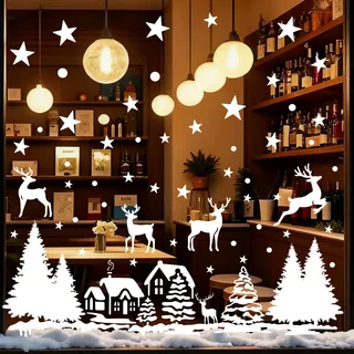 Fensterbilder Weihnachten Selbstklebend, QZOSZ Winter Fensterbild Groß Weihnachten Weihnachtsdeko Fenster Deko Weiß Schneeflocken Sterne Häuser Fensteraufkleber Weihnachts Fensterdeko Wiederverwendbar