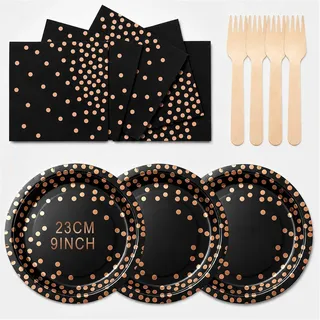 72 Stück Schwarz Rosegold Partygeschirr für 24 Personen