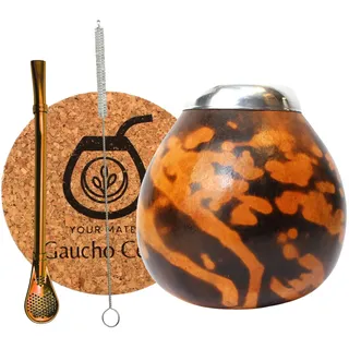 Gaucho Cebar set Natürlichem Kalebassen MISTERIO für Yerba Mate-Tee | Kürbis Tasse und Edelstahl Trinkhalm Bombilla Straw | Accessories - korkpad und bürste, Braun