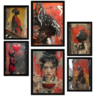 POSTER Set Mit 6 Straßenkunst Roter Schwarzer & Gelber Graffiti Banksy A3 & A4 Schwarzer Rahmen