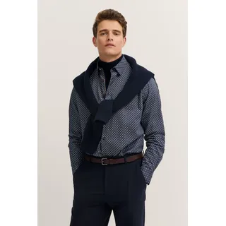 Langarmhemd BUGATTI "Satin Finish", Herren, Gr. L, Normalgrößen, blau (390, marine), 100% Baumwolle, Rautenmuster, normal, eckige 2-Knopf-Manschette, Hemden, mit Rauten-Muster und Easy-Care Funktion
