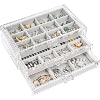 ProCase Acryl Schmuck Organizer Schmuckschatulle für Damen Durchsichtige Schmuckaufbewahrung Schmuckkästchen Schmuckbox mit 3 Schubladen für Ohrringe, Ringe, Armbänder -Grau