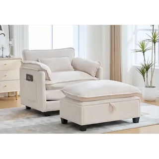 LVHOM XXL-Sessel Großer Samtsessel Set mit Stauhocker/Ottomane & Seitentaschen (Moderner Loungesessel. Übergroße Sitzfläche und -tiefe, Doppelpolster (fest/weich) + Stauraum für maximalen Komfort, Relaxsessel mit Hocker), Relax-Lösung für Wohnzimmer, Schlafzimmer oder kleine Apartments beige