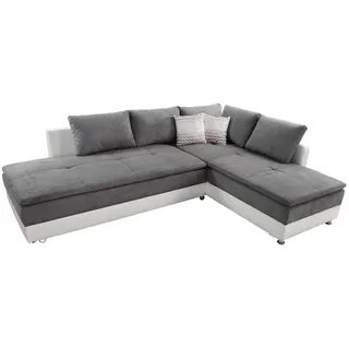 luma-home Ecksofa 15103, Dauerschläfer-Doppelbett B306/T223/H95 cm, Bettkasten, Regal, Boxspring, Federkern, Wellenunterfederung, Topper, Schwenkteil links, Mikrofaser Hellgrau/Kunstleder Weiß grau