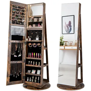 HOMASIS 3 in 1 Schmuckschrank mit Ganzkörperspiegel, 360 ° drehbarer Spiegel mit Schloss, Schmuckaufbewahrung mit LED-Lichtern, Make-up-Organizer mit Ablagen auf der Rückseite (Vintage Braun)
