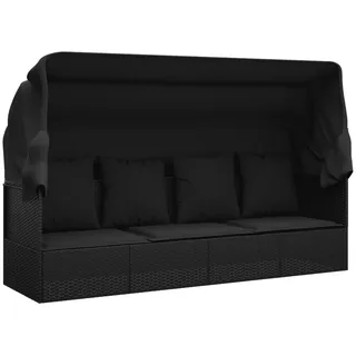 vidaXL Outdoor Loungebett, Verstellbar Gartensofa mit Kissen Dach, Sonnenliege mit Stahlrahmen, Relaxliege Lounge Sofa, Schwarz Poly Rattan