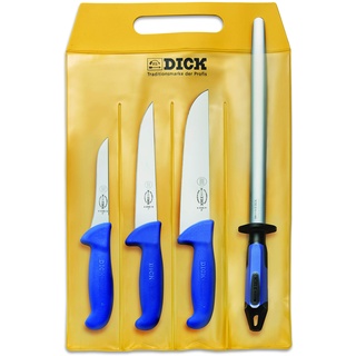 F. DICK Messer Set ErgoGrip 4-teilig (Ausbeinmesser 13 cm „schmal“, Stechmesser 18 cm, Blockmesser, 21 cm, Wetzstahl FineCut, HRC 56°) 82555000, Blau