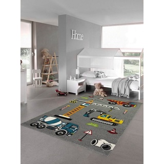 Kinderteppich Kinderteppich Spielteppich Baustelle Teppich mit Bagger in grau, Teppich-Traum, rechteckig, Höhe: 13 mm blau|gelb|grau|rot|weiß 80 cm x 150 cm x 13 mm
