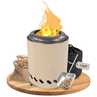 Lemodo Tischkamin beige rauchfrei, Tischfeuer Outdoor, Mini-Feuerstelle tragbar mit Tragetasche, rauchfreier Tischkamin Ø 14 cm H 19 cm, Camping Tischfeuer, Deko Kamin Outdoor, Tischofen kompakt