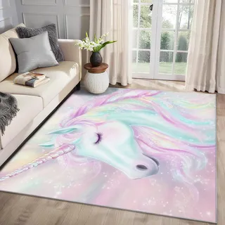 MMYAOKEN Einhorn Teppich Wohnzimmer 40x60 Mädchen Regenbogen Deko, Kleiner Teppich Kurzflor, Weich rutschfest Waschbare Teppiche, Fußmatte Bettvorleger Schlafzimmer Kinderzimmer