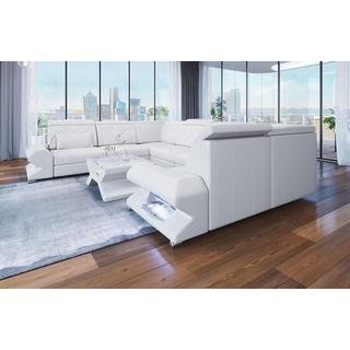 Sofa Dreams Wohnlandschaft Leder Sofa Couch Sorrento U Form Ledersofa, mit LED, wahlweise mit Bettfunktion als Schlafsofa, Designersofa weiß