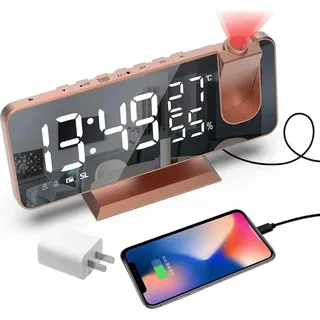 Deckenprojektions-Radiowecker, 180°-Projektor-Radiowecker, mit Adapter, Digitaluhr mit 7-Zoll-LED-Spiegelbildschirm, USB-Ladefunktion, Schlummerfu...