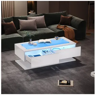 KLAM HOME Couchtisch Hochglanz Couchtisch mit LED-Licht & 2 Schubladen (100x50x35cm Moderner Glasplatten Sofatisch Schwarz), Wohnzimmertisch mit App-Steuerung & USB-Stromversorgung weiß