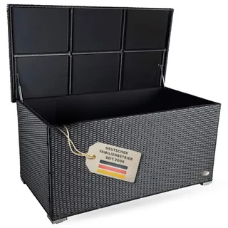 RS Trade Auflagenbox Wasserdicht XXL, 950l, Schwarz, Gartenbox, Aufbewahrungsbox Garten, Kissenbox Outdoor, Gartentruhe, Große Gartenkiste für Polster, Wetterfeste Garten-Aufbewahrung, Polyrattan