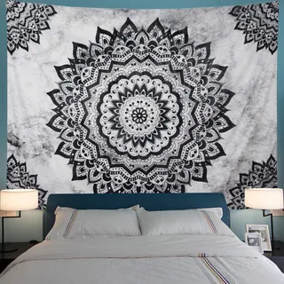 Leofanger Schwarz-weißer Wandteppich, Mandala-Wandteppich, böhmische Blume, Wandteppich, psychedelischer Hippie-Wandteppich, Wandbehang für Schlafzimmer (M - 150,1 x 130 cm, schwarz & weiß)