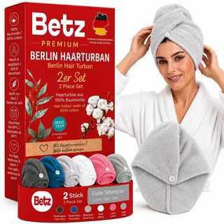 Betz Frottee Turban Berlin – 2er Set Haarturban aus 100% Baumwolle – Turban Handtuch mit Knopfverschluss – Kopfhandtuch für Damen, ideal für Bad & Wellness Farbe Silbergrau