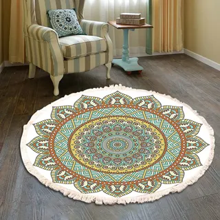 Vintage Boho Baumwolle Teppiche Mandala Muster Waschbar Handgewebte Böhmische Runder Teppich mit Quasten für Schlafzimmer Flur Wohnzimmer Couchtisch Fußmatten,Waschmaschinenfest,100CM Blumen #23