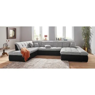 DOMO collection Wohnlandschaft "PB MORIC wahlweise mit Bettfunktion und Armteilverstellung U-Form", schwarz (schwarz, weiß, grau, grau), B:353cm H:80cm T:95cm, Zierkissen: Struktur (90% Polyester, 10% Polyacryl);Microfaser PRIMABELLE (100% Polyester) / Struktur (90% 