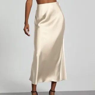 Damenrock aus Satin, elegant, hohe Taille, Fischschwanz, langer Rock, solide, lässig, schmal, figurbetont, für Büro, Party, formell (XS Aprikose)
