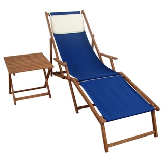 Sonnenliege blau Fußteil Kissen Tisch Gartenliege Liegestuhl Deckchair Holz Buche 10-307FTKH
