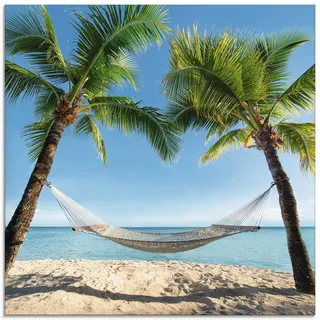 ARTland Wanddeko Glasbilder Wandbild Glas Bild einteilig Quadratisch Strand Meer Südsee Karibik Palmen Insel Urlaub Natur Hängematte T4TO