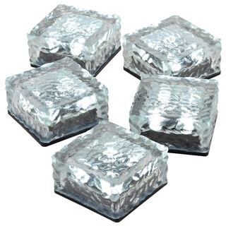5er Set Solar Glasstein Pflasterstein Bodenleuchte Dekoleuchte mit 4 LED 10 x 10 x 4,5 cm robustes Milchglas mit Akku & Dämmerungssensor weiß