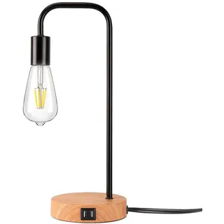 WRMING Moderne E27 Tischlampe mit 2 USB-Anschlüssen – Holzfuß & Metallständer – Ohne Lichtmittel – Für Homeoffice, Schlafzimmer & Wohnzimmer, mit Stecker, Schwarz