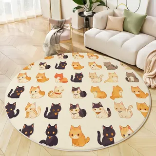 JEDTAKCT Süße Katze Runder Teppiche, Waschbarer Teppich Rund 160 cm, Katzenmotiv Teppich Klein, Weich Kurzflor rutschfest, Beige Teppiche Schlafzimmer Wohnzimmer Kinderzimmer