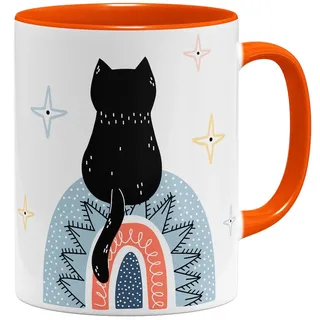 OM3® süße Tasse mit Katze Boho Style Rainbow Katzenmotiv Cat Kitten | Keramik Becher | 11oz 325ml | Beidseitig Bedruckt | Orange