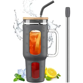 BLUEGO Tumbler becher mit Deckel und Strohhalmen, 1400ml Kaffeebecher To Go mit Henkel, Trinkbecher mit Silikonhülle, 1,4 L Tumbler becher mit 2 Strohhalmen, BPA-frei, Grau