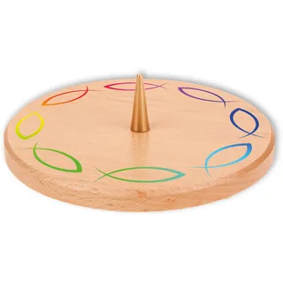 FRITZ COX Kerzenteller Regenbogen-Fischkreis | tolles Geschenk zur Taufe und Taufkerze | Buchenholz lackiert | 12cm