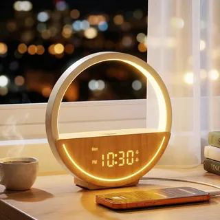 RETEYUNG Nachttischlampe mit Tageslichtwecker, Touch-Control Nachtlicht, USB-Ladefunktion, Lichtwecker für Tiefschläfer mit 15 Wecktöne, 20 Naturklängen, 2 Wecker für Wochentage/Wochenende