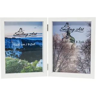 Smiling Art | Doppelbilderrahmen | 15x20 cm aus MDF Holz mit Glasscheibe | klappbarer Fotorahmen für 2 Fotos zum Aufstellen | mit Tiefeneffekt | Hochormat (Weiß, Hochformat, 2x15x20 cm)