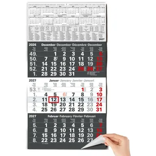 TOBJA Wandkalender 3 Monatskalender 2027 Anthrazit mit Datumsschieber 30x56 FSC, Anthrazit, Datumsschieber, Schulferien DE+AT, 4-sprachig, FSC schwarz