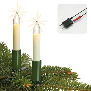 hellum LED Lichterkette Weihnachtsbaum Made-in-Germany Christbaumbeleuchtung Kerzen Lichterkette innen mit Clip, 15 warm-weiße LED-Filament, beleuchtet 980cm, Kabel grün, für Innen mit Stecker 802078