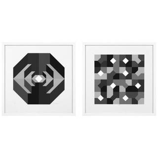 Casa Padrino Designer Deko Bilder Set Abstrakte Kunst Schwarz / Grau / Weiß 75 x H. 75 cm - Luxus Kunstdrucke mit Holzrahmen