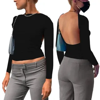 KOEMCY Oberteil Damen Bluse Langarmshirt Sexy Rückenfreies Top Front Back Reversible Tops Casual Langarm Shirts Party Streetwear Y2K Slim Fit Oberteil (Schwarz,M) - M