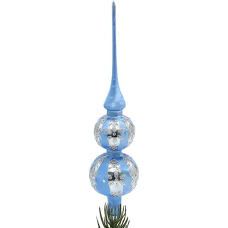 Dekohelden24 Lauschaer Christbaumschmuck - Christbaumspitze Helllau Eislack mit Glitter Dekor in Silber, Blume, Länge ca. 30 cm