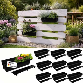 BURI 10 Euro-Paletten Blumenkästen-Einsätze inkl. Bewässerungsmatte | mit Hängesystem zum Einhängen | 37,3cm Schwarz | Pflanzkasten für Europalette Palette | Balkonkasten | Blumentopf | extrem stabil