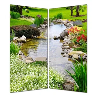 Wallario selbstklebende Duschrückwand 180 x 180 cm mit Motiv Blumen am Teich - Wandverkleidung mit Hochglanzlaminat in Glasoptik - Grün