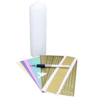 Cerziies Taufkerze-Bastelset Pastell mit Kerzen-Rohling, Buchstaben, Wachsplatten/-Streifen und Taube, Größe:ca. 25x7 cm