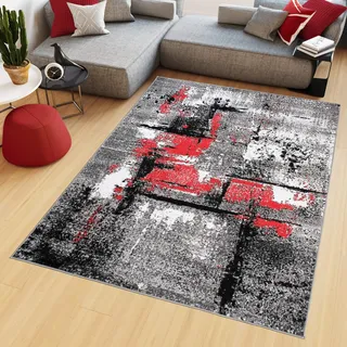 TAPISO Maya Teppich Kurzflor Grau Creme Rot Streifen Meliert 180 x 250 cm | Modern Design Wohnzimmer Schlafzimmer oeko-tex