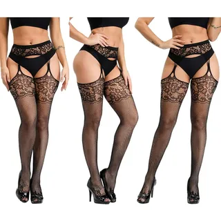 Sexy Schwarz Dessous,Dessous Damen, Asudaro Fraue Netzstrümpfe Netzstrumpfhose Strapsstrümpfe, durchsichtige Spitze, Fischernetze Hoch Strumpfhose Straps Strümpfe,Große Größen,3er-Pack