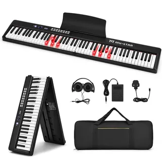 MUSTAR 88 Tasten Faltbares Klavier, Tragbares Digitalpiano, Schwarz | Faltbares E-Piano mit halbgewichteten Tasten, Sustain-Pedal, USB-MIDI, Lautsprecher, Kopfhörer, Tragetasche für Anfänger