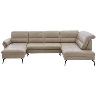 Beldomo Speed Wohnlandschaft, Beige, Leder, Echtleder, Semi-Anilinleder, 5-Sitzer, U-Form, 336x206 cm, Goldenes M, erweiterbar, Typenauswahl, Fußauswahl, Lederauswahl, Sitzqualitäten, seitenverkehrt erhältlich, Bettfunktion Hocker individuell planbar, Wohnzimmer, Sofas & Couches, Wohnlandschaften, Wohnlandschaften in U-Form