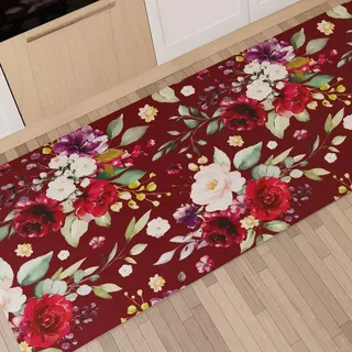PETTI Artigiani Italiani - Küchenteppich, Läufer für Küche, rutschfest und waschbar, 52 x 280 cm, Blumenmuster 07, Bordeaux, 100% Made in Italy