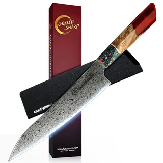 GRAND SHARP Damastmesser Kochmesser 22cm Profi Messer Extra Scharfe Japanisches Messer VG-10 67 Schichten Damaststahl Küchenmesser mit Harzgriff [Geschenkbox]