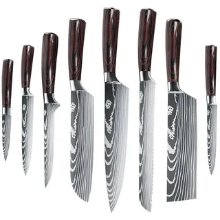 Fine Life Pro Messer-Set Küchenmesser Komibpaket mit Geschenkbox (Set, 8-tlg), Asiatisches Edelstahl Messerset braun