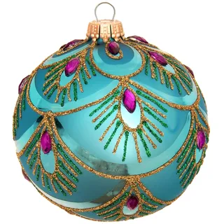 Krebs Glas Lauscha Weihnachtskugeln Pfaumuster Türkis 8 cm - 6er Set - mundgeblasen & handdekoriert - Elegante Glasornamente für Festliche Weihnachtsdeko