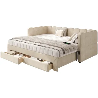 Merax Polsterbett Daybett 90x190cm, Sofabett & Tagesbett mit 2 Schubladen, ausziehbar auf 180cm, USB-Anschluss, Beige Chenille